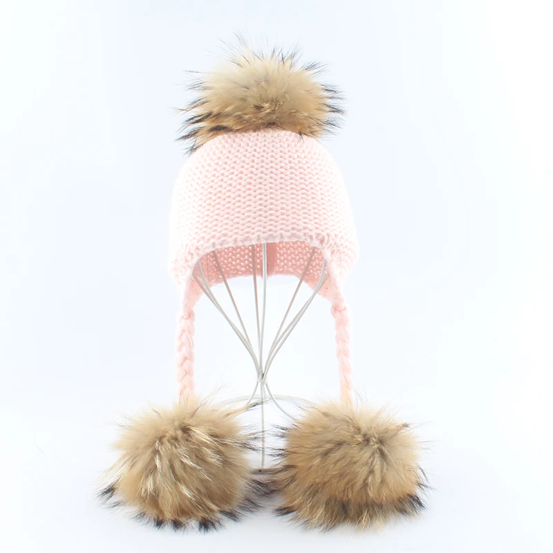 BABY Real Fur Pompom Knitted Beanies Winter Warm Hats For Fids Natural Fur Ball Caps Children Ear Cap carhartt bomber hat