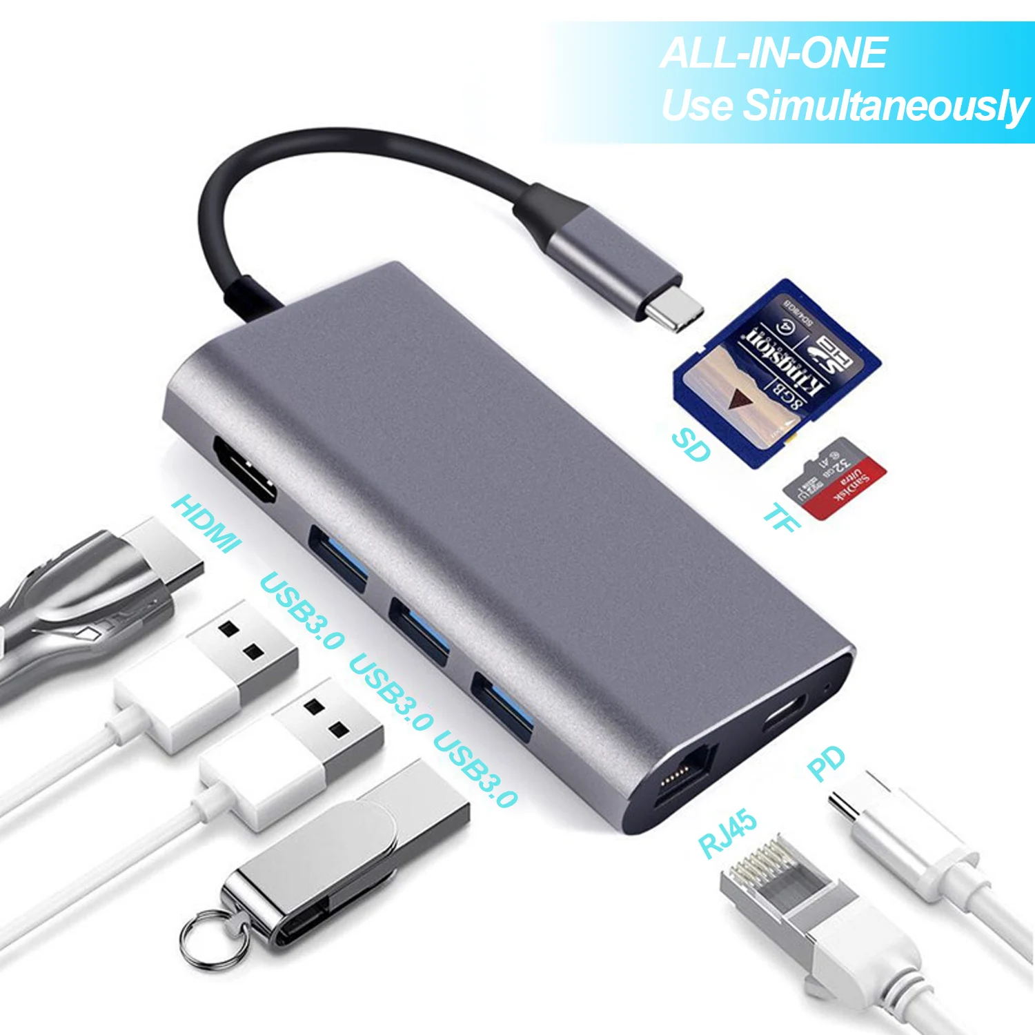 8 в 1 портативный 100m высокоскоростной usb type-C концентратор адаптер разветвитель концентратор с 4K HDMI порт совместим с Apple MacBook
