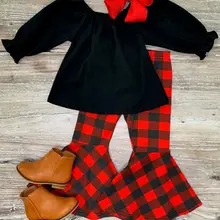 Классические рождественские наряды для маленьких девочек топы с пышными рукавами, красные расклешенные штаны в клетку повязка на голову с бантом, 3 предмета, рождественские комплекты для девочек, От 1 до 5 лет