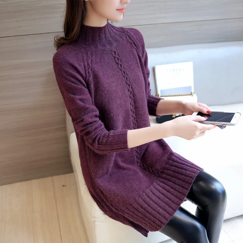 Purple Осенне-зимняя обувь новая женская куртка с воротником средней высоты, длинное платье в сплошном цвете толстый свитер для женщин Свитер под верхнюю одежду - Color: Purple