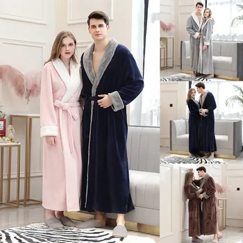 

Lovers Coral Fleece Robe Autumn Winter Warm Sleepwear Women Men Thicken Bathrobe Lounge Nightgown Home Clothes #35
