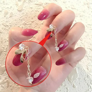 

24pcs New Sweet Pink fake nails set with Crystal Chain Women Detachable Manicure Decorations Round Head Fake Nails press on