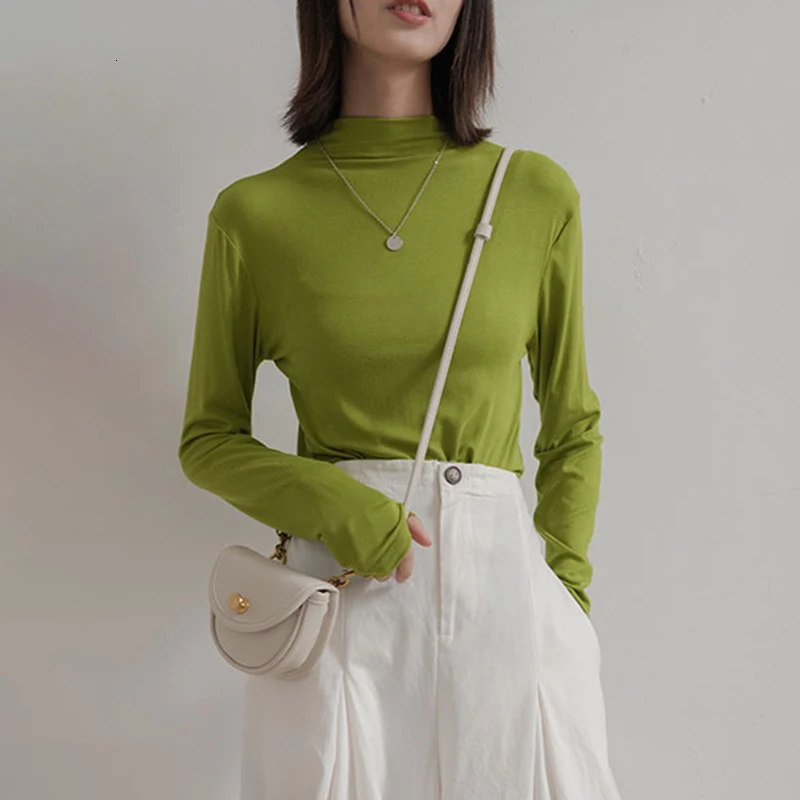 TWOTWINSTYLE, минималистичные тонкие осенние футболки для женщин, водолазка с длинным рукавом, одноцветные Осенние футболки для женщин, модная одежда