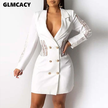 

Women Notched Lapel Double Breasted Blazer Dress Lace Insert Long Sleeve Elegnat Autumn Workwear Winter Mini Dresses