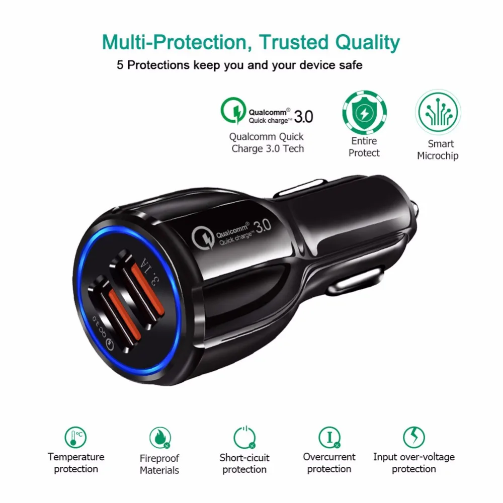 AZiMiYO Dual USB Quick Charge QC 3,0 Автомобильное зарядное устройство 18 Вт Зарядное устройство для мобильного телефона 2 порта USB быстрое зарядное устройство для iPhone huawei автомобильное зарядное устройство