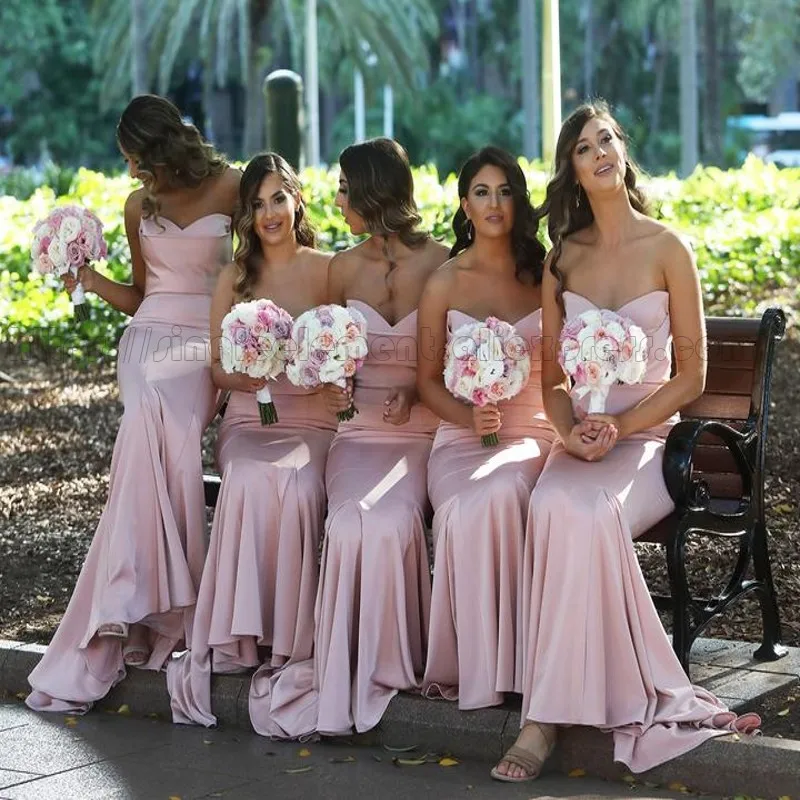 Elegant Pink Silk Satin Bridesmaid Dresses Pleated Formal Occasion Mermaid Party Gowns For Wedding Custom Made Strapless