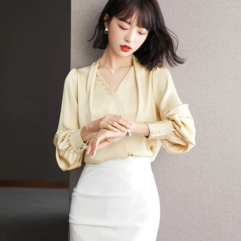 CMAZ Shipped Streamer Top Acetate Shirt Women's Design Sense Niche 2021 Autumn French Retro | Женская одежда