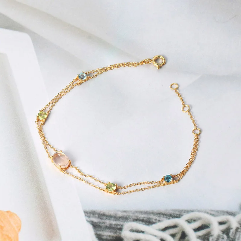 LAMOON 925 Silver Bracelet For Women Natural Rose Quartz Topaz Olivine 14K Gold Plated Fine Jewelry LMHI062