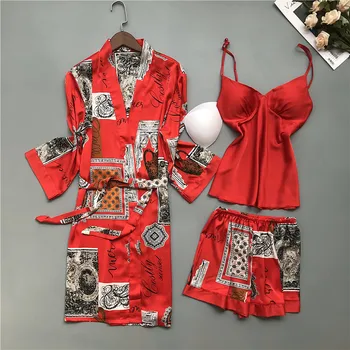 

Printed Ice Silk Long-sleeved Nightgown Sexy Strap Pajamas Three-piece Set with Chest Pad Can Worn Outside Women's Sleepwear