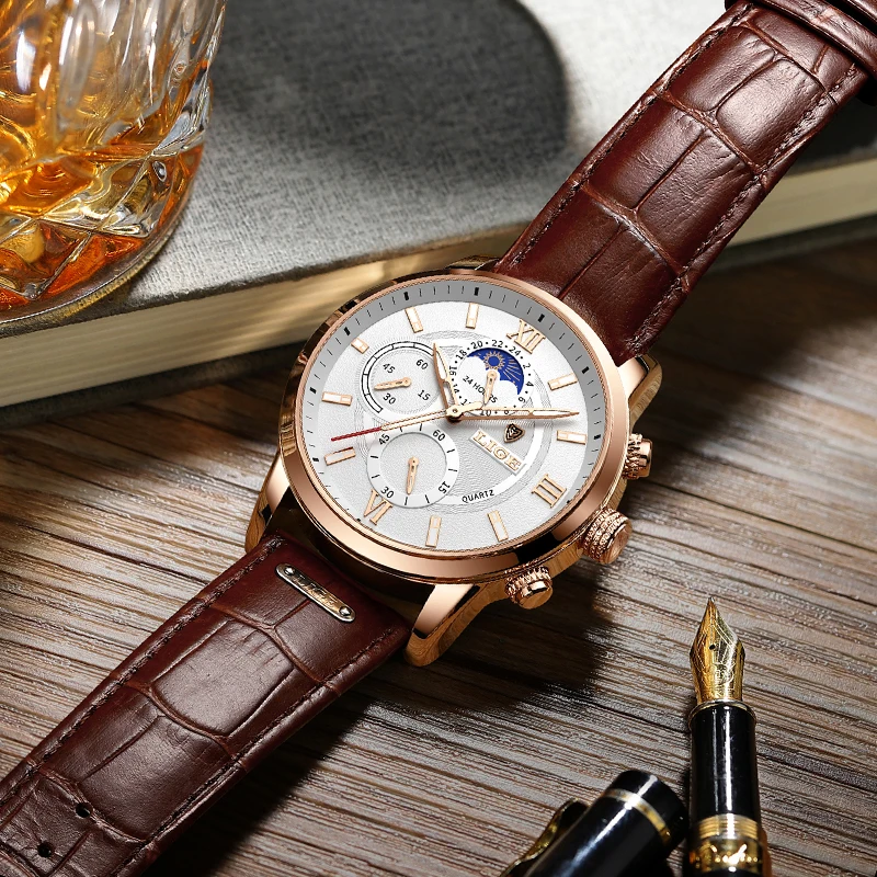 2021 New Mens Watches LIGE Top Brand Leather Chronograph Waterproof Sport Automatic Date Quartz Watch For Men Relogio Masculino 3