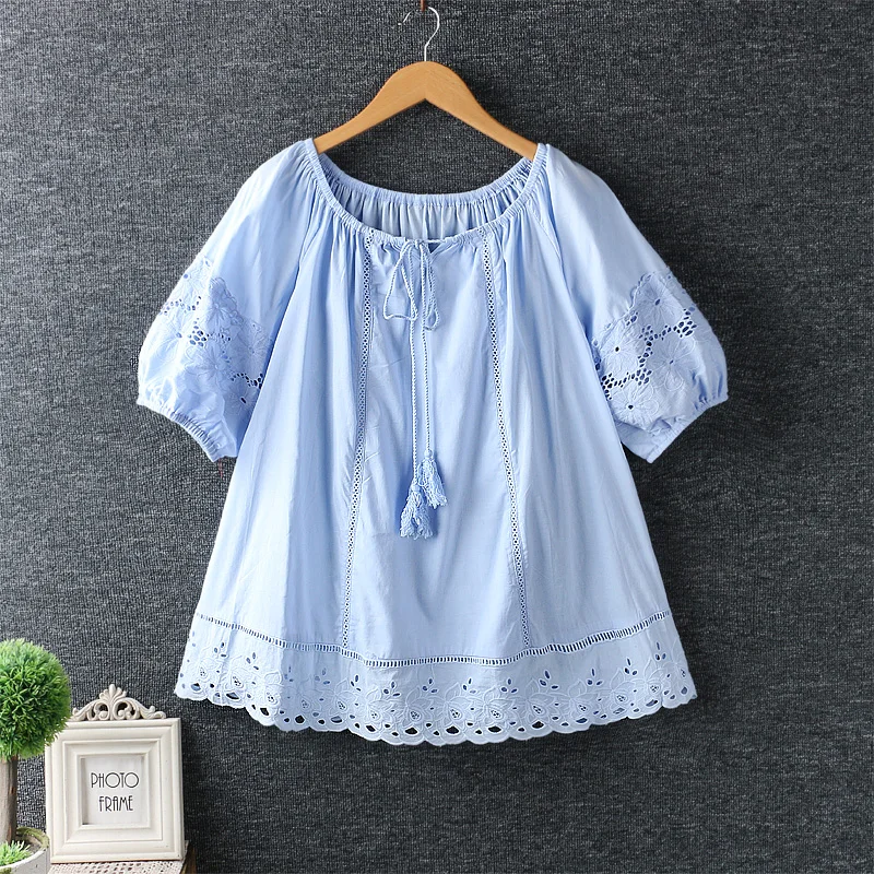 2019 summer new women fresh drawstring O-Neck hollow out embroidery shirt female loose casual short sleeve blouse tops 2