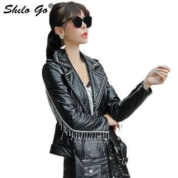 

Genuine Leather Jacket Highstreet Rivet Detail Notched Neck Beading Tassel Sheepskin Coat Women Autumn Casual Moto Outwear