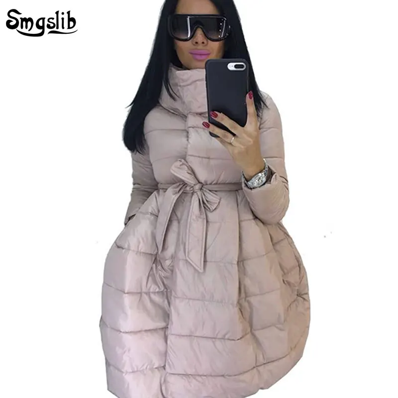 

Winter Coat Women Skirt Parka Fashion Bowknot Waist Medium Long Stand Collar Cotton Padded Warm Jacket Chaqueta Mujer Invierno