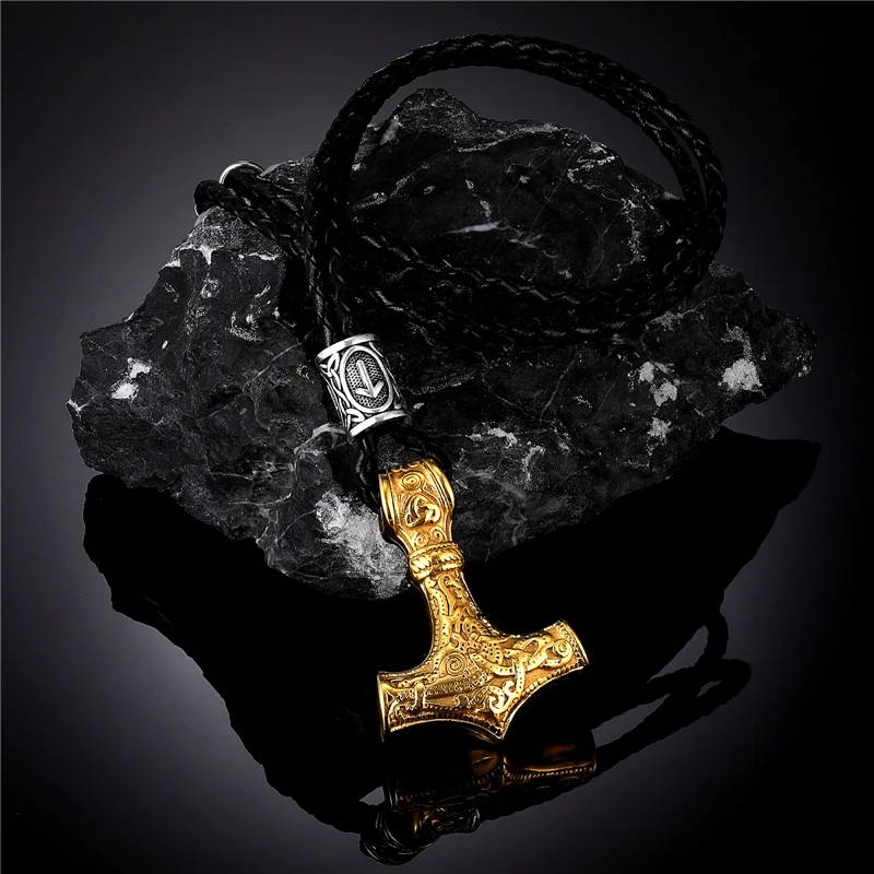 TQWSVUM Viking Thor's Hammer Mjolnir Pendant Dual Color Wolf Head Collana, Catena Re Bizantina in Acciaio Inossidabile da Uomo, Mitologia Norrena Odin Fenrir Crow Totem Gioielli