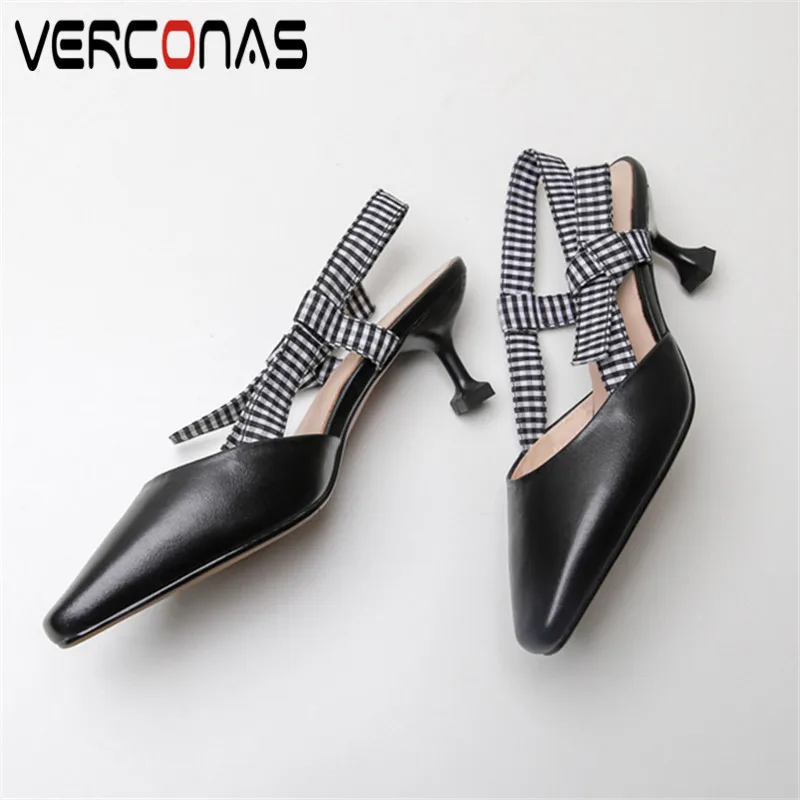 

VERCONAS Women Pumps Summer Brand Design Genuine Leather Women Sandals Casual Butterfly Knot Square Toe Thin Heels Shoes Woman