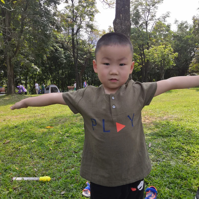 

High quality Summer boy green cotton linen short sleeve T-shirt ,with play,thick kids child clothes