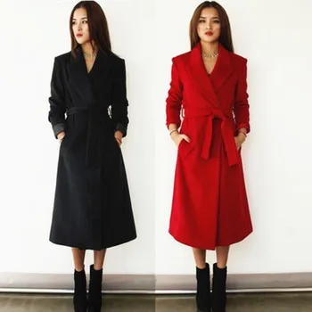 

2020 Fall Winter Women Woolen Robe Belted Robe Coat Simple Notched Lapel Red Black Oversized Overcoat Casacos Windbreaker