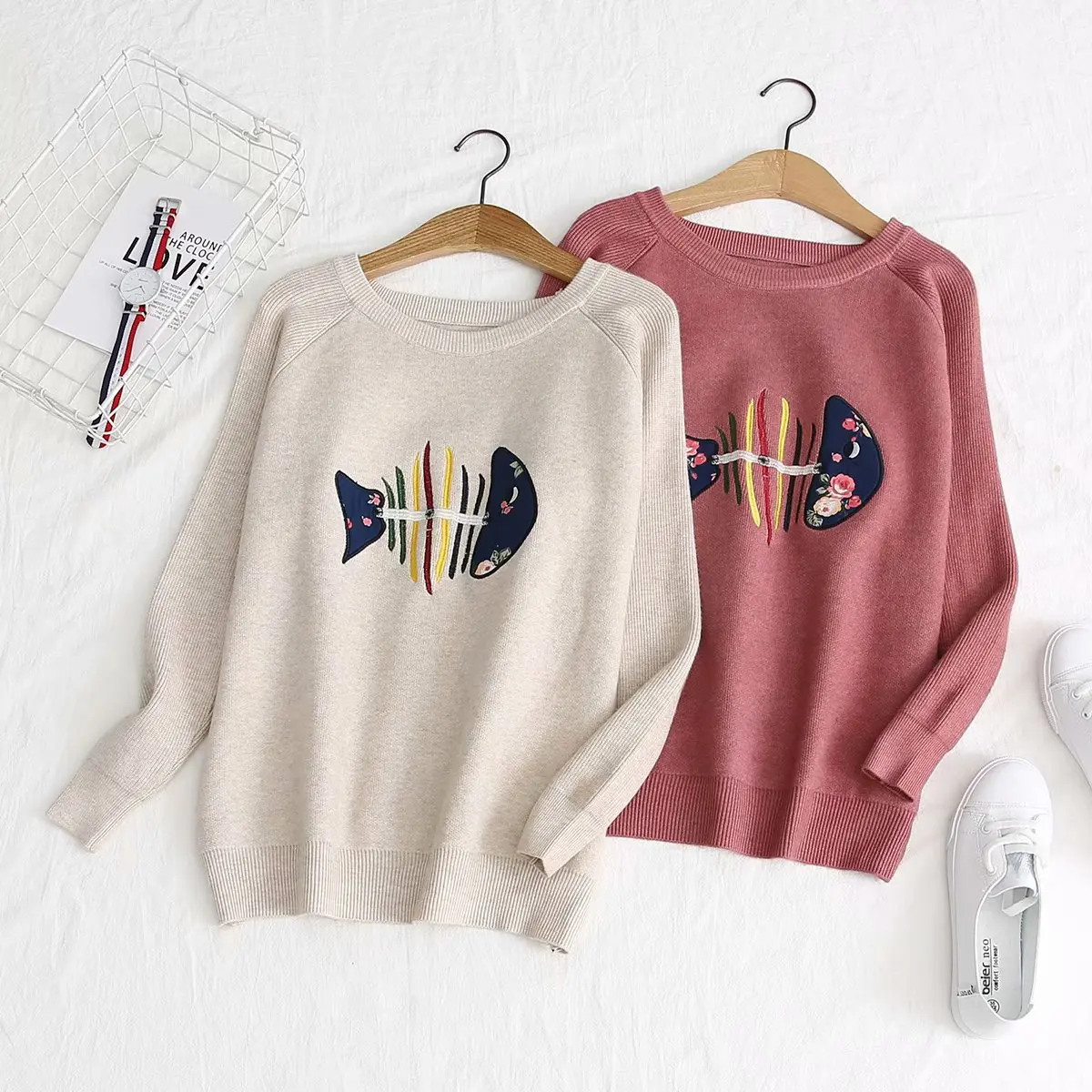 mori girl lovely fish bones embroidered patch loose long-sleeved o-neck knit sweater pullover female 55726