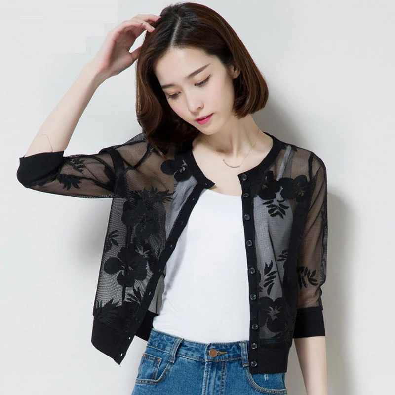 

2023 Summer Women Half Sleeve Shawl Coat Thin Sun Protection Clothing Mesh Lace All-match Cardigan Single-breasted Jacket Y35
