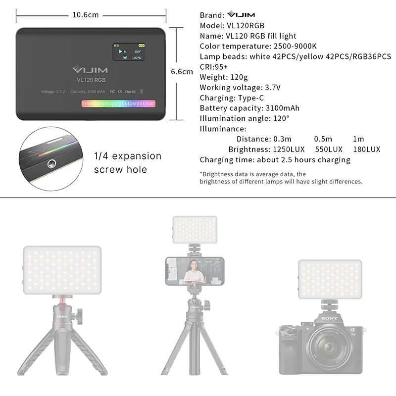 Ulanzi-luz em Mini Armazenamento de 3100mah para Fotografia em Smartphone com Luz de Preenchimento Câmera Portátil Vl120rgb - Image 2