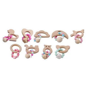 

DHL 500pcs Wood Baby Teether Bracelet Animal Shaped Teething Ring Baby Organic Silicone Beads Baby Stroller Accessories