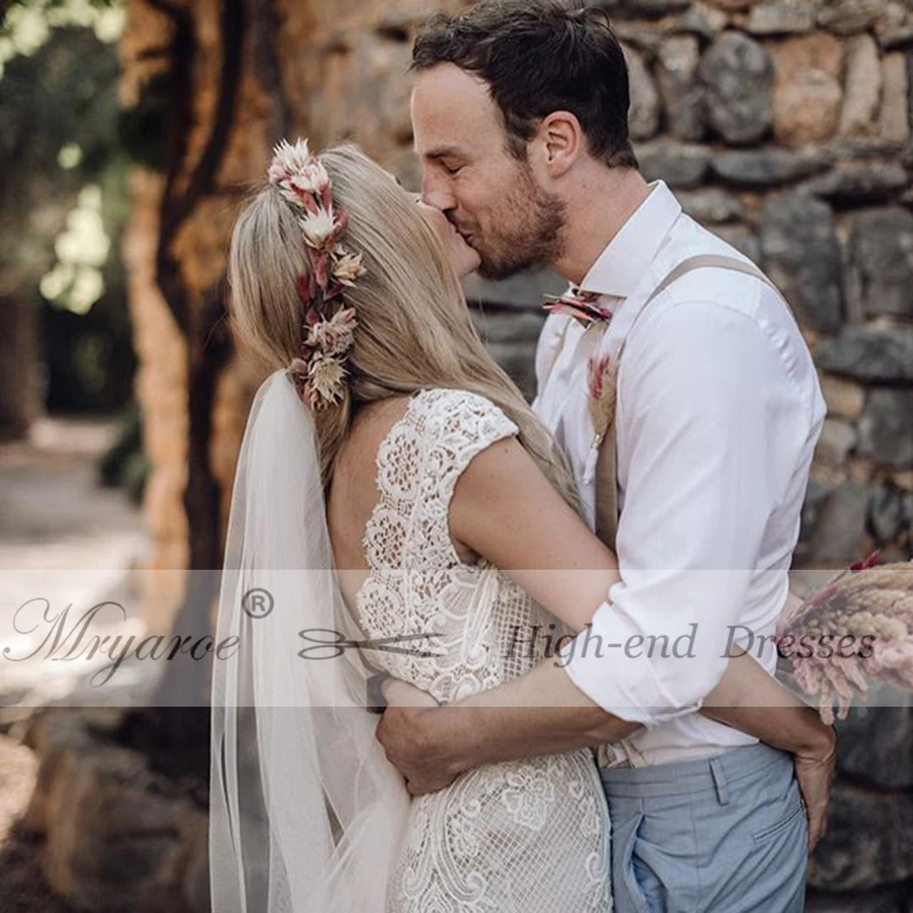 Mryarce Unique Bride Vintage Crochet Lace Boho Wedding Dress Cap Sleeves Open Back Bohemian Bridal Gowns  (4)