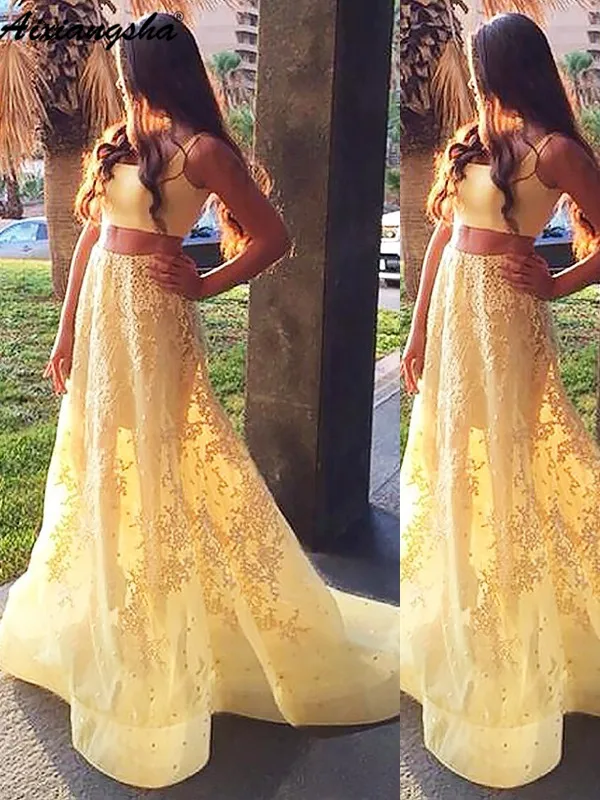 Две части желтые платья на выпускной robe de soiree ТРАПЕЦИЕВИДНОЕ кружевное длинное платье на выпускной