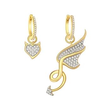 

SLJELY Fashion Real 925 Sterling Silver Yellow Gold Color Asymmetry Demon Wings Earrings Pave Cubic Zirconia Women Brand Jewelry