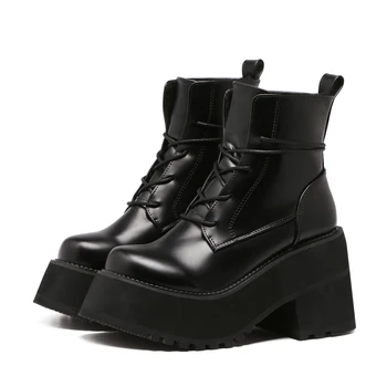 

2020 new women's heeled short boots Martin boots retro waterproof platform thick bottom non-slip lace-up wedge