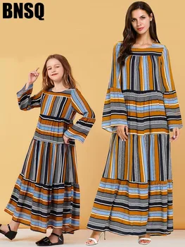 

Girls Abaya Striped Maxi Dress Flare Sleeve Children's Wear Hijab Family Matching Outfits Kimono Long Robes Eid Ramadan Islamic