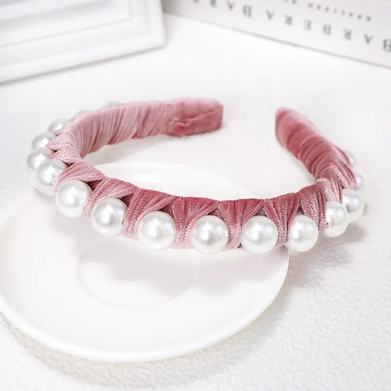 pink CN Ruched бархатные большие жемчужные женские повязки на голову, однотонные элегантные мягкие широкие повязки на голову для девочек, Женская бандана на каждый день, аксессуары для волос - Цвет: pink