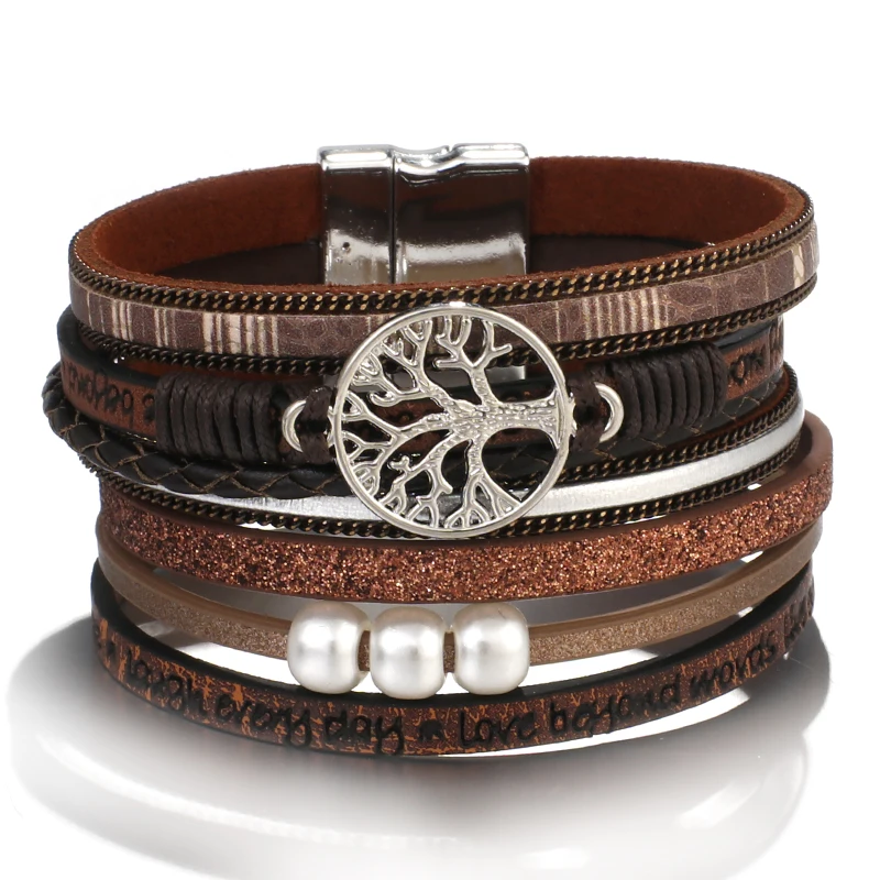 Amorcome Древо жизни женский кожаный браслет ювелирные изделия Дамская мода многослойная богемная накидка широкие браслеты и браслеты - Окраска металла: Brown
