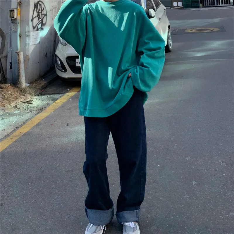 Зимний корейский ulzzang шикарный свободный Harajuku свитер с длинными рукавами ins простой сплошной цвет o-образным вырезом ins Повседневная Женская толстовка