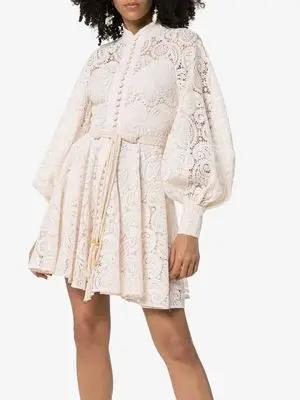 

Women's Solid Color Lace Dress Long Sleeve White Vintage Party Dress Lace Mini Princess Dress Hollow Out Embroidery Short Dress