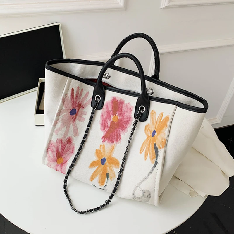 

Burminsa Flower Graffiti Canvas Women Handbags Large Capacity Chain Female Shoulder Bags High Quality A4 Work Tote Bags 2020
