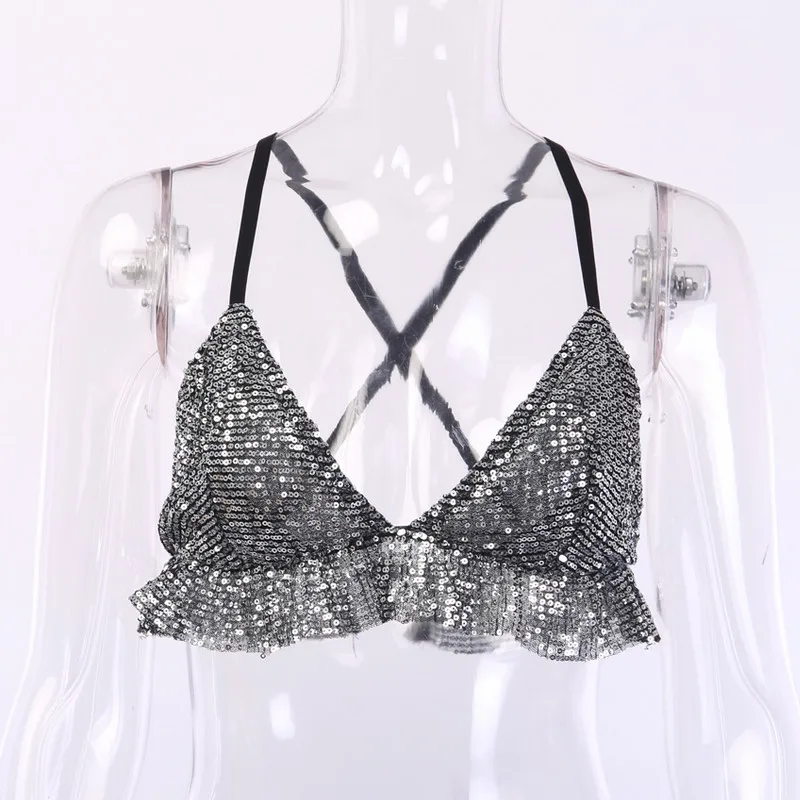Women Sling Bralette Bra Sequin Crop Top Sexy Shiny Camisole sleeveless top women Ruffle Push Up Camis Women Clothing - Цвет: Black silver