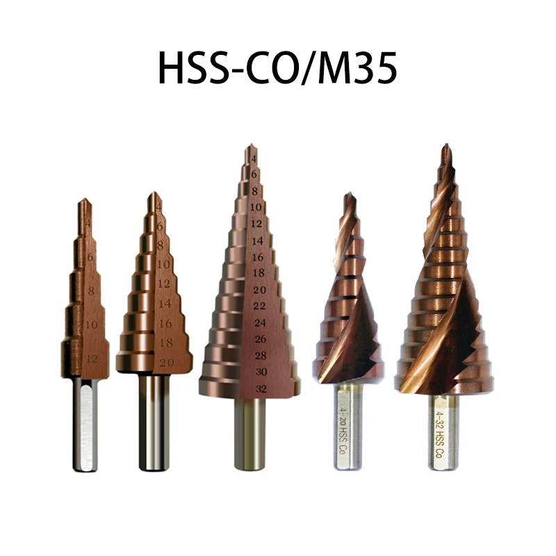 

Pagoda Shape Step Drill Bit Set 4 - 12 / 20 / 32mm HSS-CO/M35 Cone Hole Cutter Steel Woodworking Drilling Set