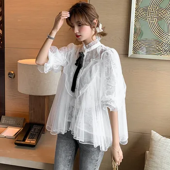 

fairy Women White Blouse 2020 Cute Bows See Through Lace Mesh Irregular Blusa Shirt Fashion Loose Women's Top