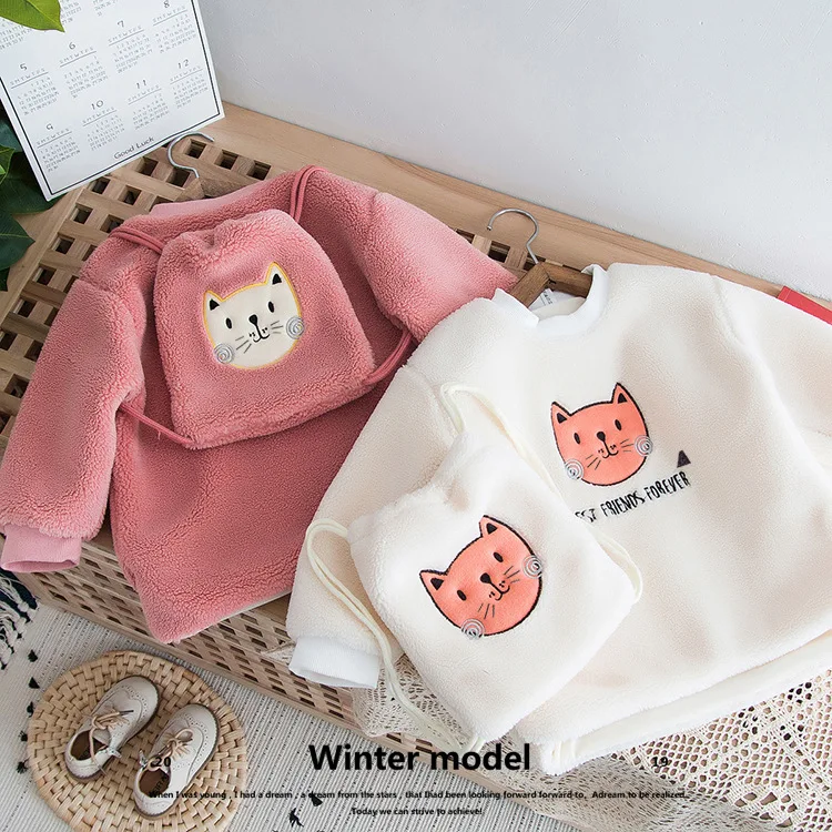 New children's clothing girls thick winter jacket children's fashion cartoon round neck shirt to send backpack 2-6 years