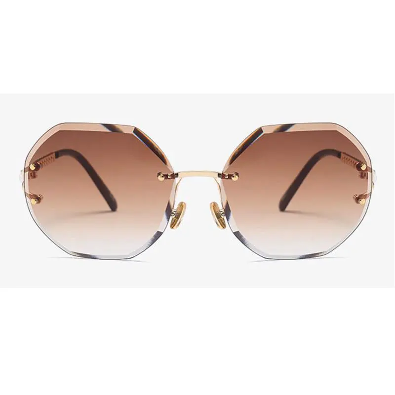 Fashion Rimless Oval Sunglasses Women Pearl Arms Metal Gradient Brown Transparent Round Glasses Elegant Eyewear Feminino