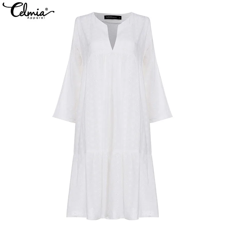 Celmia Elegant Cotton Embroidery Women's Dress Ruffled Korean White Dress New Sexy V-neck Hollow Party Vesridos Plus Size