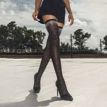 Зимние сапоги; женские блестящие эластичные сапоги-носки со стразами; Сапоги выше колена на тонком высоком каблуке с острым носком; Botas Mujer