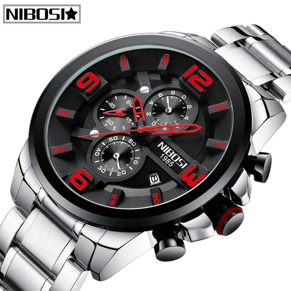 NIBOSI Mens Watches Top Brand Luxury Chronograph Men Watch Blue Leather Waterproof Sport Watch Men Male Clock Relogio Masculino