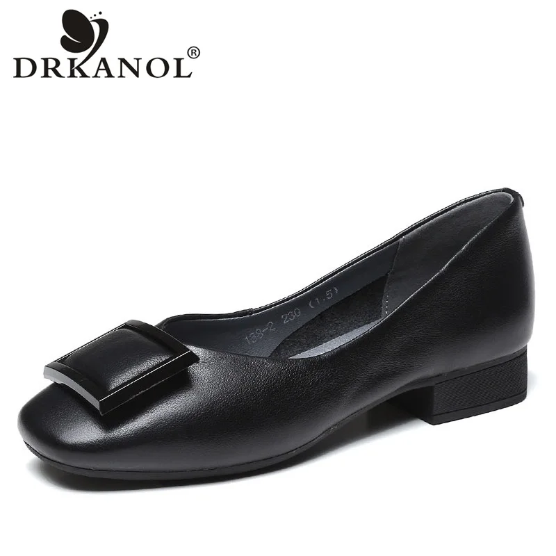 

DRKANOL Shallow Ladies Shoes Genuine Leather Slip On Women Pumps Classic Black Low Heel Office Shoes Women Chunky Heel Shoes
