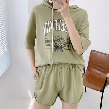 

Summer Cotton 2 Piece Sets Women Outfits Comfortable Loose Tee Top Shorts Suits Short Sleeve Casual Hooded T Shirt Shorts Sets