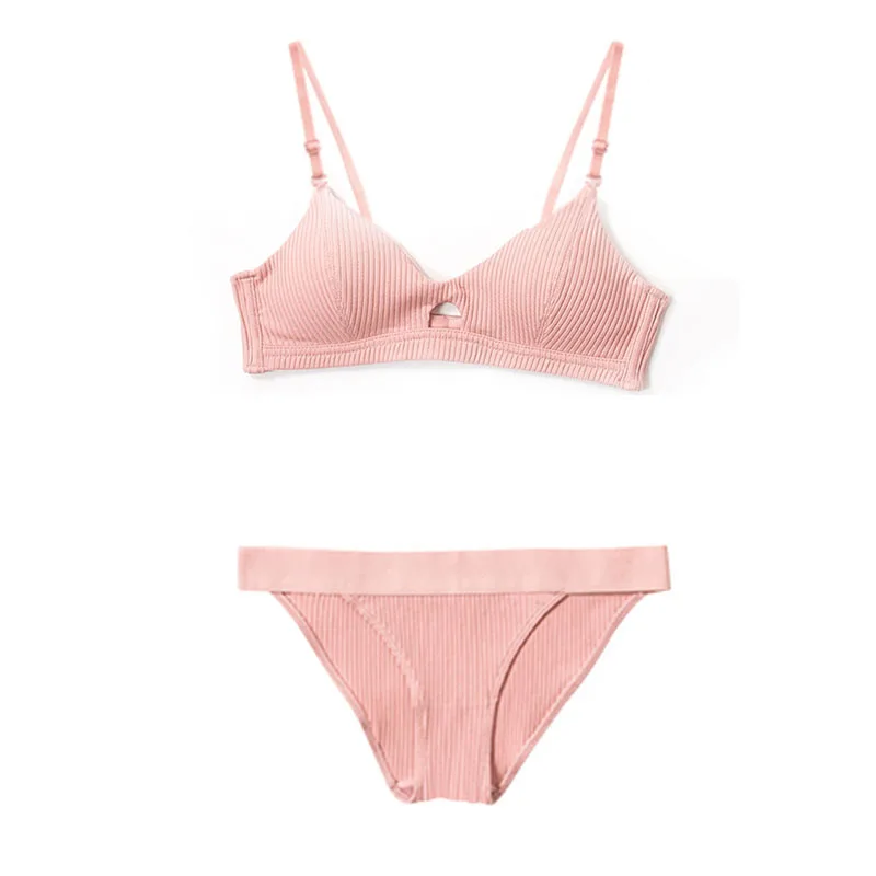 pink Новое Женское хлопковое нижнее белье, сексуальный полый Регулируемый мягкий комплект нижнего белья пуш-ап, ультра-тонкие бюстгальтеры, полосатые трусики, японское нижнее белье - Цвет: pink