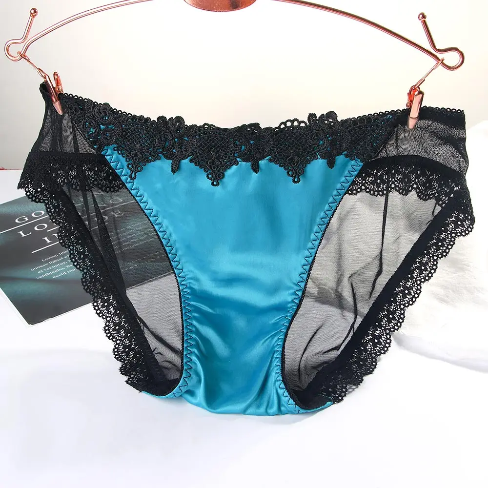 

Sexy Shiny Satin Lace Panties Lingerie Women Low-rise Transparent Sheer Briefs Underwear Tempting Mesh Net Panties