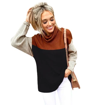 

Turtle Neck Women Knitted Pullover Sweater Soft Daily Splice Ladies Winter Warm Slim Fit Casual Baggy Tops Long Sleeve Outfits