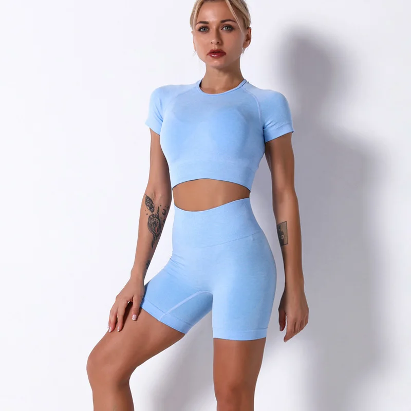 Женский комплект для йоги из 2 предметов короткий топ с коротким рукавом и