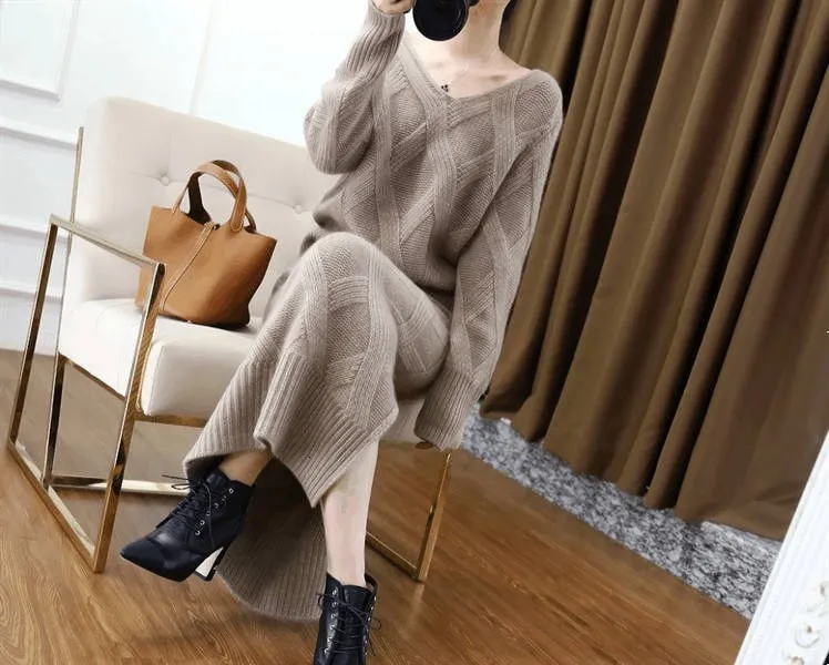 Beige LANMREM/ г. Осенне-зимний толстый свитер с треугольным вырезом из пряжи, украшенный ромбовидным узором, комплект из двух предметов, юбка PB588 - Цвет: Beige
